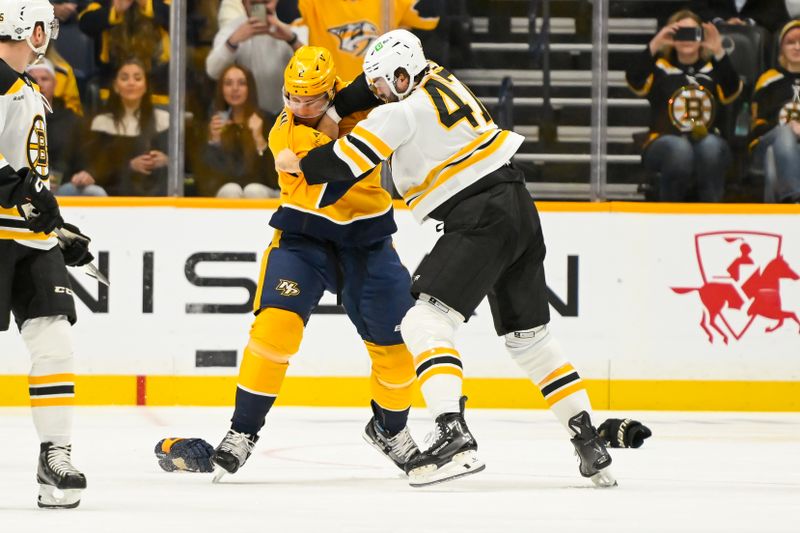 Oct 22, 2024; Nashville, Tennessee, USA;  Nashville Predators defenseman Luke Schenn (2) and Boston Bruins center Mark Kastelic (47) exchange blows during the first period at Bridgestone Arena. Mandatory Credit: Steve Roberts-Imagn Images