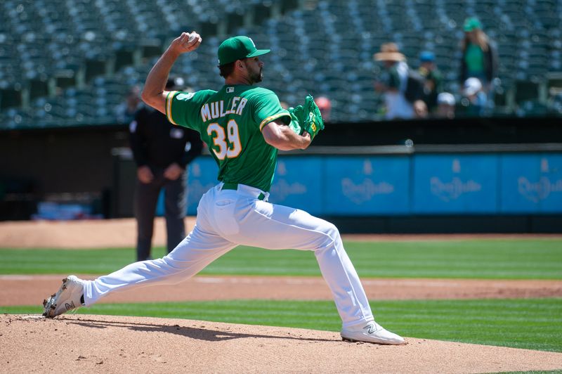 Apr 29, 2023; Oakland, California, USA; Oakland Athletics starting pitcher Kyle Muller (39) throws a pitch during the first inning against the Cincinnati Reds at RingCentral Coliseum. Mandatory Credit: Ed Szczepanski-USA TODAY Sports