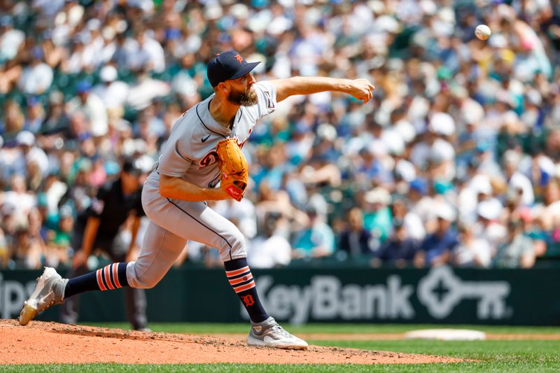 Jul 16, 2023; Seattle, Washington, USA; Detroit Tigers relief pitcher Chasen Shreve (36) throws against the Seattle Mariners during the sixth inning at T-Mobile Park. Mandatory Credit: Joe Nicholson-USA TODAY Sports