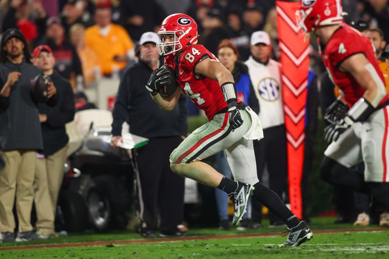 Nov 16, 2024; Athens, Georgia, USA; Georgia Bulldogs tight end Ben Yurosek (84) runs after a catch against the Tennessee Volunteers in the fourth quarter at Sanford Stadium. Mandatory Credit: Brett Davis-Imagn Images