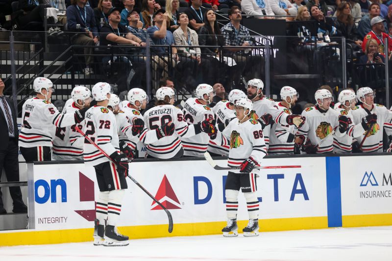 Oct 8, 2024; Salt Lake City, Utah, USA; Chicago Blackhawks center Teuvo Teravainen (86) celebrates a goal against the Utah Hockey Club during the second period at Delta Center. Mandatory Credit: Rob Gray-Imagn Images