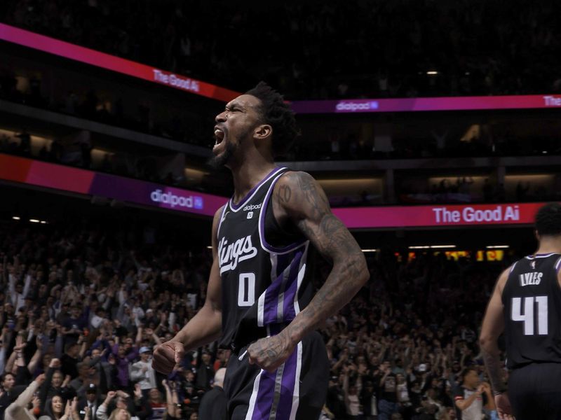 SACRAMENTO, CA - MARCH 7: Malik Monk #0 of the Sacramento Kings celebrates the win after the game against the San Antonio Spurs on March 7, 2024 at Golden 1 Center in Sacramento, California. NOTE TO USER: User expressly acknowledges and agrees that, by downloading and or using this Photograph, user is consenting to the terms and conditions of the Getty Images License Agreement. Mandatory Copyright Notice: Copyright 2024 NBAE (Photo by Rocky Widner/NBAE via Getty Images)