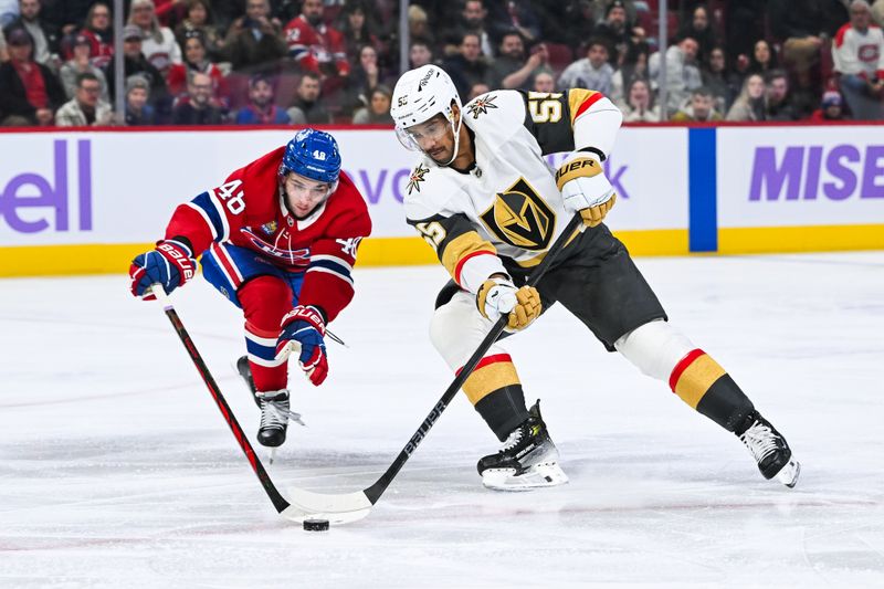 Nov 23, 2024; Montreal, Quebec, CAN; Montreal Canadiens defenseman Lane Hutson (48) defends the puck against Las Vegas Golden Knights right wing Keegan Kolesar (55) during the third period at Bell Centre. Mandatory Credit: David Kirouac-Imagn Images