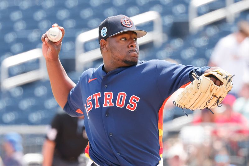 Mar 26, 2023; West Palm Beach, Florida, USA;  Houston Astros relief pitcher Hector Neris (50) throws a pitch during the fifth inning against the St. Louis Cardinals at The Ballpark of the Palm Beaches. Mandatory Credit: Reinhold Matay-USA TODAY Sports