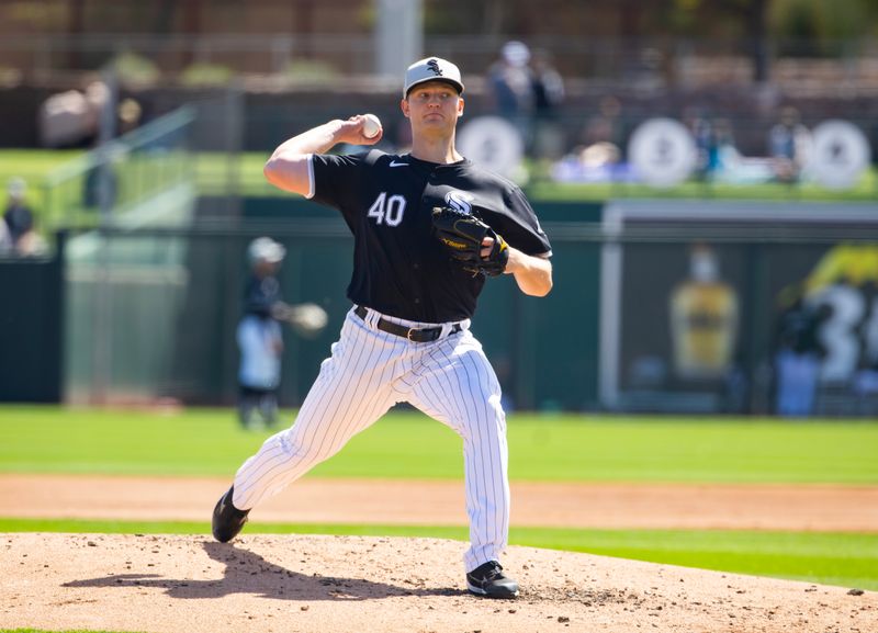 Mar 14, 2024; Phoenix, Arizona, USA; Chicago White Sox pitcher Michael Soroka against the Los Angeles Angels during a spring training baseball game at Camelback Ranch-Glendale. Mandatory Credit: Mark J. Rebilas-USA TODAY Sports