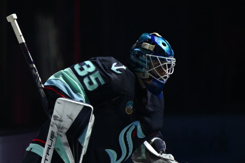 Dec 10, 2023; Seattle, Washington, USA; Seattle Kraken goaltender Joey Daccord (35) enters the ice before the game against the Minnesota Wild during the first period at Climate Pledge Arena. Mandatory Credit: Steven Bisig-USA TODAY Sports