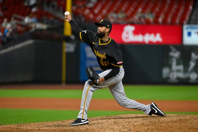 Sep 17, 2024; St. Louis, Missouri, USA;  Pittsburgh Pirates relief pitcher Dennis Santana (60) pitches against the St. Louis Cardinals during the eighth inning at Busch Stadium. Mandatory Credit: Jeff Curry-Imagn Images
