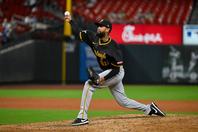 Sep 17, 2024; St. Louis, Missouri, USA;  Pittsburgh Pirates relief pitcher Dennis Santana (60) pitches against the St. Louis Cardinals during the eighth inning at Busch Stadium. Mandatory Credit: Jeff Curry-Imagn Images