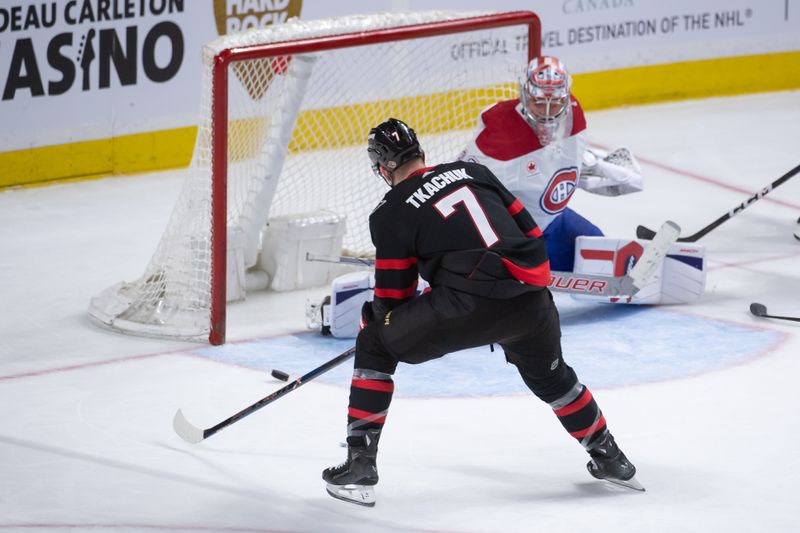 Apr 13, 2024; Ottawa, Ontario, CAN; Montreal Canadiens goalie Cayden Primeau (30) makes a save on a shot from Ottawa Senators left wing Brady Tkachuk (7) in the third period at the Canadian Tire Centre. Mandatory Credit: Marc DesRosiers-USA TODAY Sports