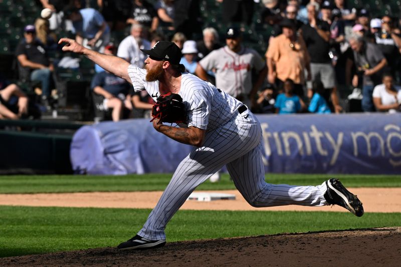 Jun 27, 2024; Chicago, Illinois, USA; Chicago White Sox pitcher Michael Kopech (34) delivers during the ninth inning against the Atlanta Braves at Guaranteed Rate Field. Mandatory Credit: Matt Marton-USA TODAY Sports