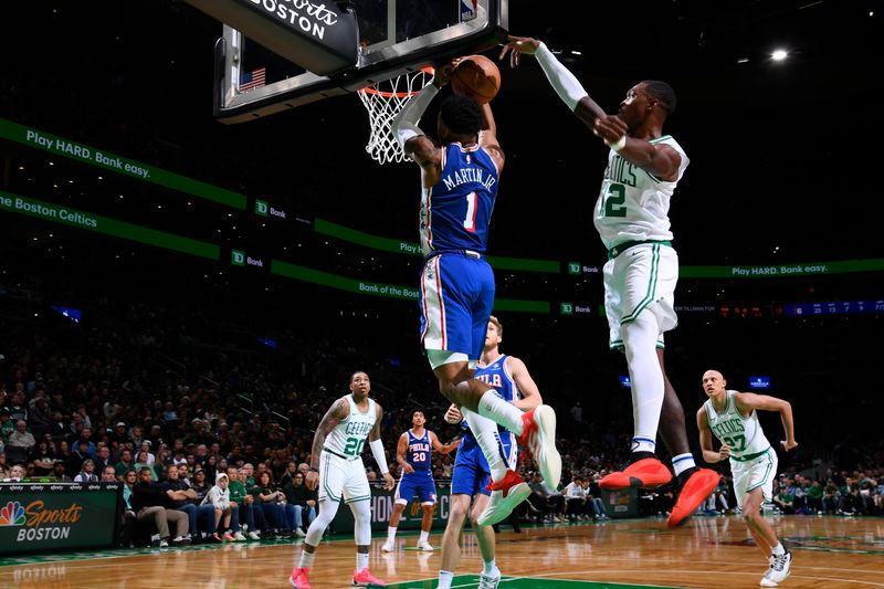 BOSTON, MA - OCTOBER 12: KJ Martin #1 of the Philadelphia 76ers drives to the basket during the game against the Boston Celtics during a NBA Preseason game on October 12, 2024 at TD Garden in Boston, Massachusetts. NOTE TO USER: User expressly acknowledges and agrees that, by downloading and/or using this Photograph, user is consenting to the terms and conditions of the Getty Images License Agreement. Mandatory Copyright Notice: Copyright 2024 NBAE (Photo by Brian Babineau/NBAE via Getty Images)