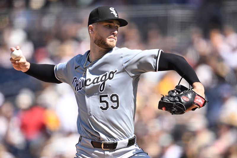 Sep 22, 2024; San Diego, California, USA; Chicago White Sox starting pitcher Sean Burke (59) pitches against the San Diego Padres during the first inning at Petco Park. Mandatory Credit: Orlando Ramirez-Imagn Images