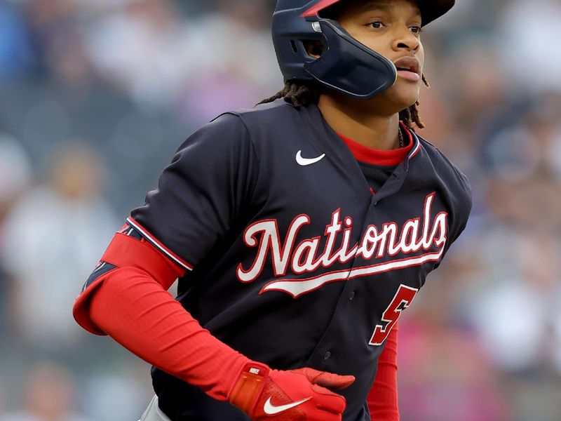 Aug 24, 2023; Bronx, New York, USA; Washington Nationals shortstop CJ Abrams (5) rounds the bases after hitting a solo home run against the New York Yankees during the seventh inning at Yankee Stadium. Mandatory Credit: Brad Penner-USA TODAY Sports