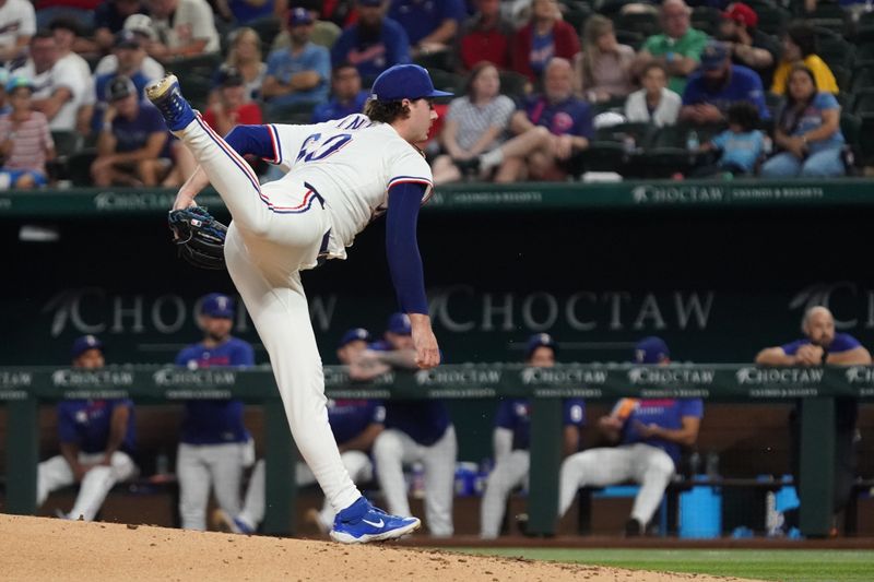 Sep 23, 2025; Arlington, Texas, USA; Texas Rangers pitcher Cole Winn (60) follows through on a pitch during the sixth inning against the Minnesota Twins at Globe Life Field. Mandatory Credit: Raymond Carlin III-Imagn Images