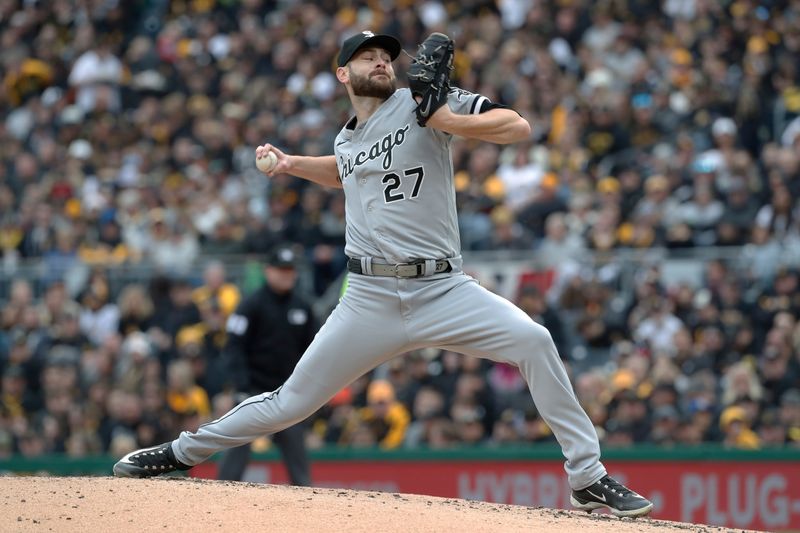 Apr 7, 2023; Pittsburgh, Pennsylvania, USA;  Chicago White Sox starting pitcher Lucas Giolito (27) pitches against the Pittsburgh Pirates during the second inning at PNC Park. Mandatory Credit: Charles LeClaire-USA TODAY Sports