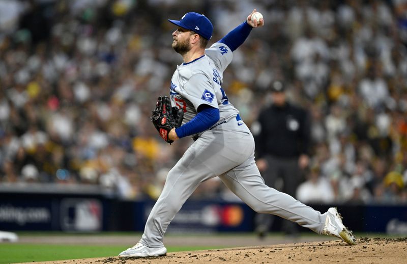 Oct 9, 2024; San Diego, California, USA; Los Angeles Dodgers pitcher Ryan Brasier (57) throws in the first inning against the San Diego Padres during game four of the NLDS for the 2024 MLB Playoffs at Petco Park.  Mandatory Credit: Denis Poroy-Imagn Images