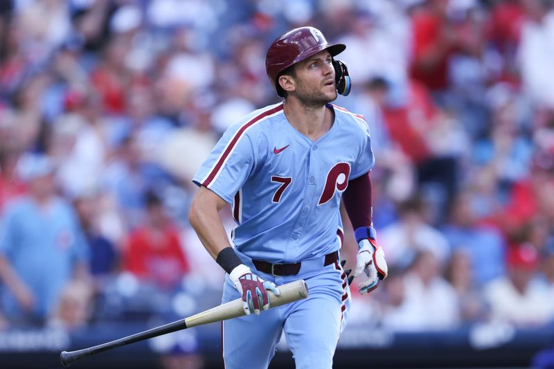 Jul 11, 2024; Philadelphia, Pennsylvania, USA; Philadelphia Phillies shortstop Trea Turner (7) hits a home run during the first inning against the Los Angeles Dodgers at Citizens Bank Park. Mandatory Credit: Bill Streicher-USA TODAY Sports