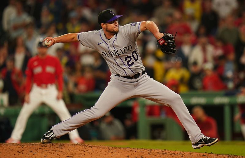 Jun 14, 2023; Boston, Massachusetts, USA; Colorado Rockies relief pitcher Peter Lambert (20) throws a pitch against the Boston Red Sox in the seventh inning at Fenway Park. Mandatory Credit: David Butler II-USA TODAY Sports