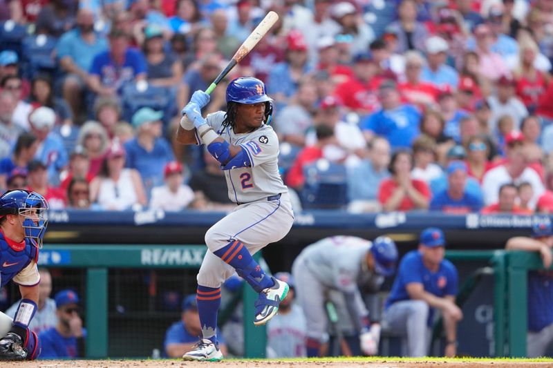 Sep 14, 2024; Philadelphia, Pennsylvania, USA; New York Mets shortstop Luisangel Acuna (2) at bat against the Philadelphia Phillies during the second inning at Citizens Bank Park. Mandatory Credit: Gregory Fisher-Imagn Images