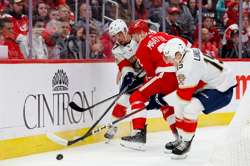 Mar 2, 2024; Detroit, Michigan, USA; Florida Panthers center Evan Rodrigues (17), Detroit Red Wings defenseman Olli Maatta (2), and center Anton Lundell (15) battle for the puck in the third period at Little Caesars Arena. Mandatory Credit: Rick Osentoski-USA TODAY Sports