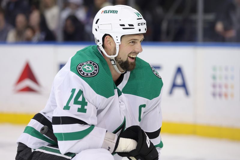 Feb 20, 2024; New York, New York, USA; Dallas Stars left wing Jamie Benn (14) reacts during the third period against the New York Rangers at Madison Square Garden. Mandatory Credit: Brad Penner-USA TODAY Sports