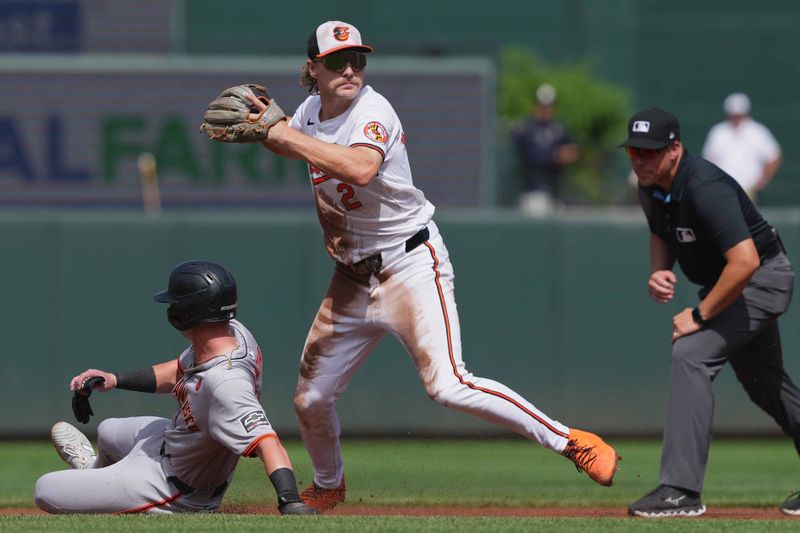 Sep 19, 2024; Baltimore, Maryland, USA; Baltimore Orioles shortstop Gunnar Henderson (2) forces out San Francisco Giants shortstop Tyler Fitzgerald (49) to start a second inning double play at Oriole Park at Camden Yards. Mandatory Credit: Mitch Stringer-Imagn Images