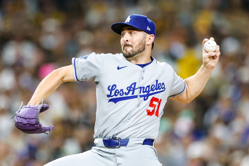 Jun 9, 2025; San Diego, California, USA; Los Angeles Dodgers relief pitcher Alex Vesia (51) throws a pitch during the eighth inning against the San Diego Padres at Petco Park. Mandatory Credit: David Frerker-Imagn Images