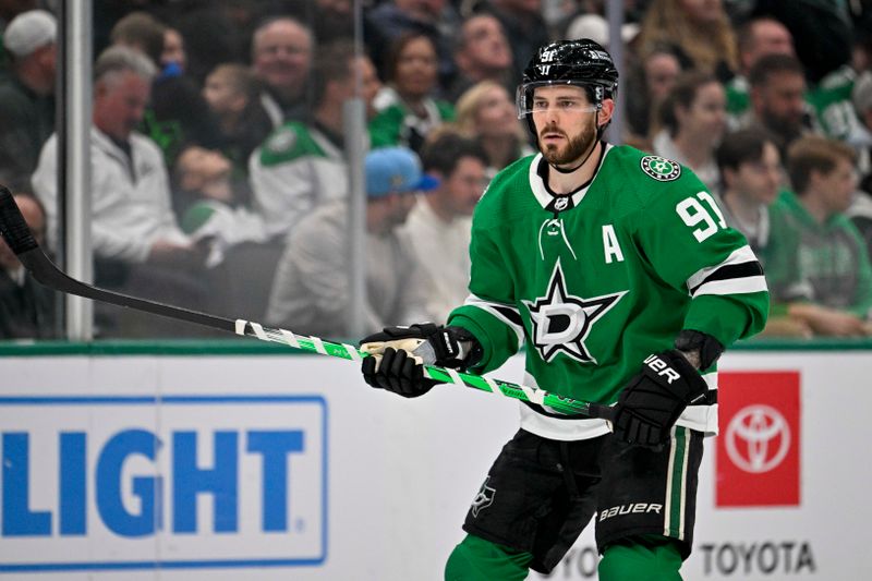 Dec 21, 2023; Dallas, Texas, USA; Dallas Stars center Tyler Seguin (91) skates against the Vancouver Canucks during the second period at the American Airlines Center. Mandatory Credit: Jerome Miron-USA TODAY Sports