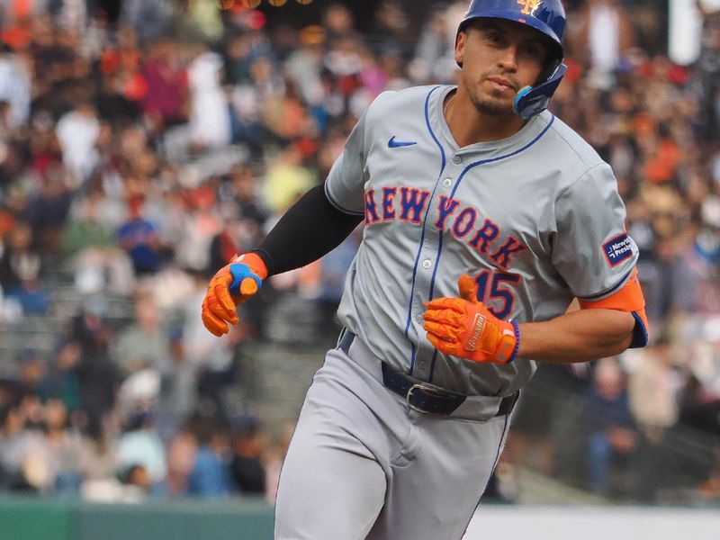 Apr 24, 2024; San Francisco, California, USA; New York Mets right fielder Tyrone Tyler (15) rounds the bases on a solo home run against the San Francisco Giants during the fourth inning at Oracle Park. Mandatory Credit: Kelley L Cox-USA TODAY Sports