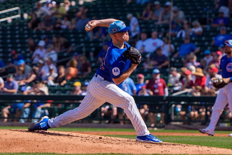 Feb 27, 2025; Mesa, Arizona, USA; Chicago Cubs pitcher Jordan Wicks (36) on the mound in the third during a spring training game against the Los Angeles Angels at Sloan Park. Mandatory Credit: Allan Henry-Imagn Images