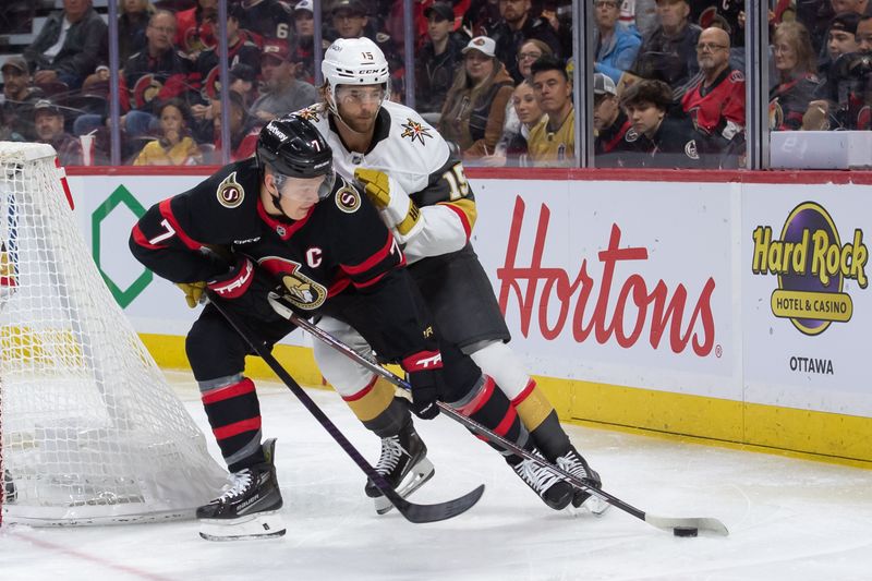 Nov 21, 2024; Ottawa, Ontario, CAN; Ottawa Senators left wing Brady Tkachuk (7) battles with Vegas Golden Knights defenseman Noah Hanifin (15) in the first period at the Canadian Tire Centre. Mandatory Credit: Marc DesRosiers-Imagn Images