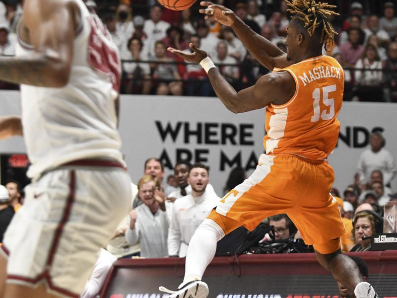 Mar 2, 2024; Tuscaloosa, Alabama, USA; Tennessee guard Jahmai Mashack (15) saves a ball from going out of bounds creating a turnover at Coleman Coliseum. Mandatory Credit: Gary Cosby Jr.-USA TODAY Sports