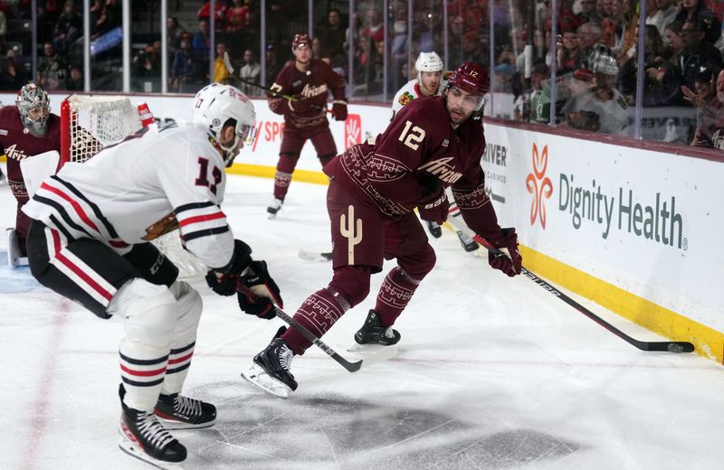 Mar 18, 2023; Tempe, Arizona, USA; Arizona Coyotes defenseman Connor Mackey (12) controls the puck against the Chicago Blackhawks during the first period at Mullett Arena. Mandatory Credit: Joe Camporeale-USA TODAY Sports