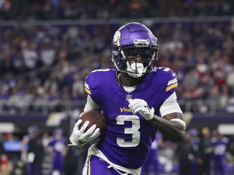 Minnesota Vikings wide receiver Jordan Addison (3) carries the ball during the second half of an NFL football game against the San Francisco 49ers, Monday, Oct. 23, 2023 in Minneapolis. (AP Photo/Stacy Bengs)