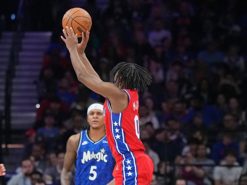 PHILADELPHIA, PA - APRIL 12: Tyrese Maxey #0 of the Philadelphia 76ers shoots the ball during the game against the Orlando Magic on April 12, 2024 at the Wells Fargo Center in Philadelphia, Pennsylvania NOTE TO USER: User expressly acknowledges and agrees that, by downloading and/or using this Photograph, user is consenting to the terms and conditions of the Getty Images License Agreement. Mandatory Copyright Notice: Copyright 2024 NBAE (Photo by Jesse D. Garrabrant/NBAE via Getty Images)