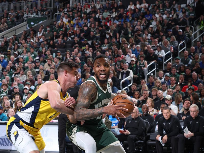 MILWAUKEE, WI - APRIL 21:  Damian Lillard #0 of the Milwaukee Bucks goes to the basket during the game against the Indiana Pacers during Round 1 Game 1 of the 2024 NBA Playoffs  on April 21, 2024 at the Fiserv Forum Center in Milwaukee, Wisconsin. NOTE TO USER: User expressly acknowledges and agrees that, by downloading and or using this Photograph, user is consenting to the terms and conditions of the Getty Images License Agreement. Mandatory Copyright Notice: Copyright 2024 NBAE (Photo by Jeff Haynes/NBAE via Getty Images).