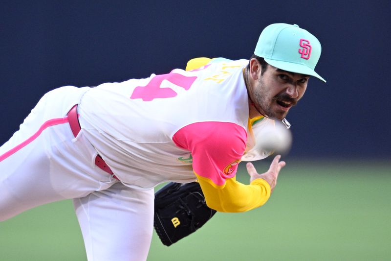 Jun 21, 2024; San Diego, California, USA; San Diego Padres starting pitcher Dylan Cease (84) pitches against the Milwaukee Brewers during the first inning at Petco Park. Mandatory Credit: Orlando Ramirez-USA TODAY Sports