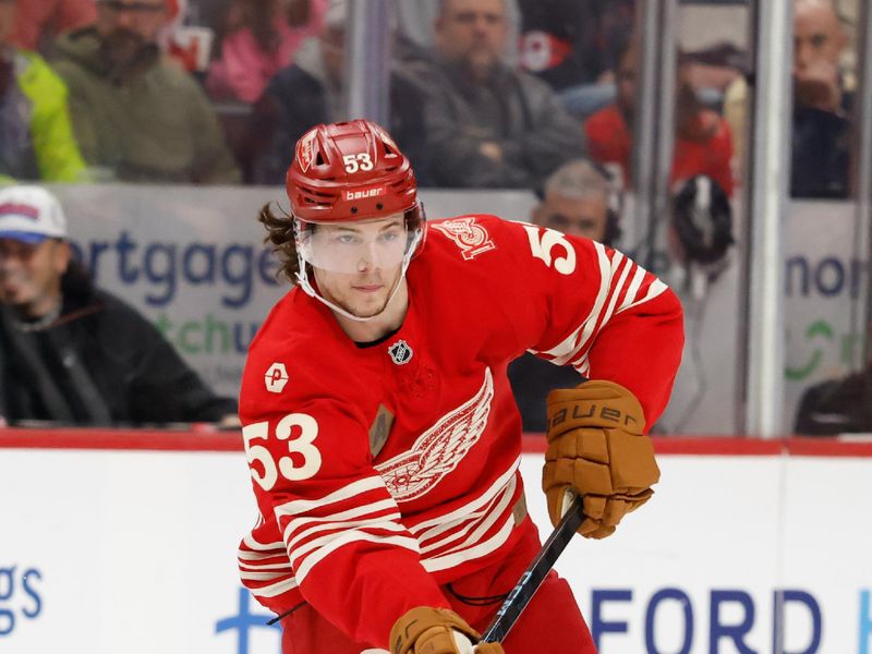 Dec 28, 2025; Detroit, Michigan, USA;  Detroit Red Wings defenseman Moritz Seider (53) passes in the second period against the Toronto Maple Leafs at Little Caesars Arena. Mandatory Credit: Rick Osentoski-Imagn Images