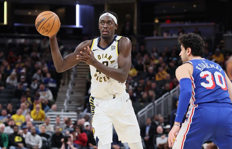 INDIANAPOLIS, INDIANA - JANUARY 25: Pascal Siakam #43 of the Indiana Pacers passes the ball against the Philadelphia 76ers during the second half of the game at Gainbridge Fieldhouse on January 25, 2024 in Indianapolis, Indiana.    NOTE TO USER: User expressly acknowledges and agrees that, by downloading and or using this photograph, User is consenting to the terms and conditions of the Getty Images License Agreement.  (Photo by Andy Lyons/Getty Images)