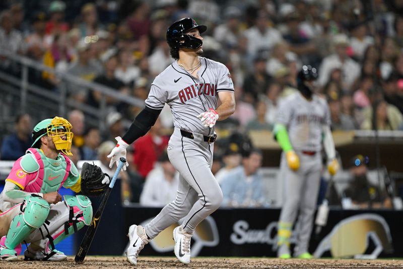 July 5, 2024; San Diego, California, USA; Arizona Diamondbacks center fielder Alek Thomas (5) hits a grand slam during the ninth inning against the San Diego Padres at Petco Park. Mandatory Credit: Denis Poroy-USA TODAY Sports