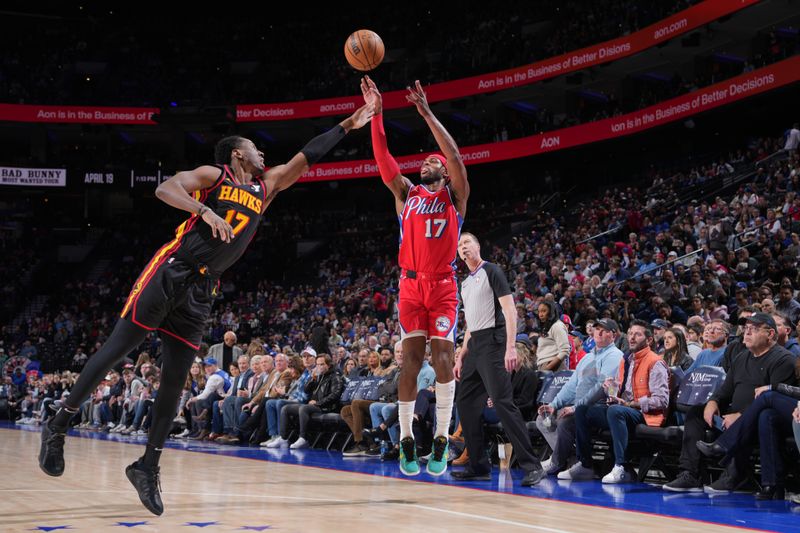 PHILADELPHIA, PA - FEBRUARY 9: Buddy Hield #17 of the Philadelphia 76ers shoots the ball during the game against the Atlanta Hawks on February 9, 2024 at the Wells Fargo Center in Philadelphia, Pennsylvania NOTE TO USER: User expressly acknowledges and agrees that, by downloading and/or using this Photograph, user is consenting to the terms and conditions of the Getty Images License Agreement. Mandatory Copyright Notice: Copyright 2024 NBAE (Photo by Jesse D. Garrabrant/NBAE via Getty Images)