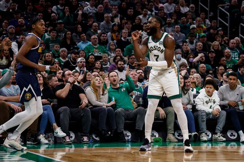 BOSTON, MA - JANUARY 19: Jaylen Brown #7 of the Boston Celtics gestures towards a referee after he thought he was fouled on a shot during the second half against the Denver Nuggets at TD Garden on January 19, 2024 in Boston, Massachusetts. NOTE TO USER: User expressly acknowledges and agrees that, by downloading and/or using this Photograph, user is consenting to the terms and conditions of the Getty Images License Agreement. (Photo By Winslow Townson/Getty Images)