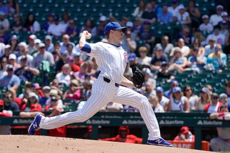 Jul 6, 2024; Chicago, Illinois, USA; Chicago Cubs pitcher Kyle Hendricks (28) throws the ball against the Los Angeles Angels during the first inning at Wrigley Field. Mandatory Credit: David Banks-USA TODAY Sports