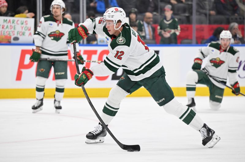 Jan 29, 2025; Toronto, Ontario, CAN;  Minnesota Wild forward Matt Boldy (12) warms up before playing the Toronto Maple Leafs at Scotiabank Arena. Mandatory Credit: Dan Hamilton-Imagn Images