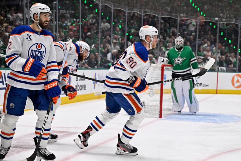 May 29, 2025; Dallas, Texas, USA; Edmonton Oilers right wing Corey Perry (90) reacts after scoring a goal against the Dallas Stars in game five of the Western Conference Final of the 2025 Stanley Cup Playoffs at American Airlines Center. Mandatory Credit: Jerome Miron-Imagn Images