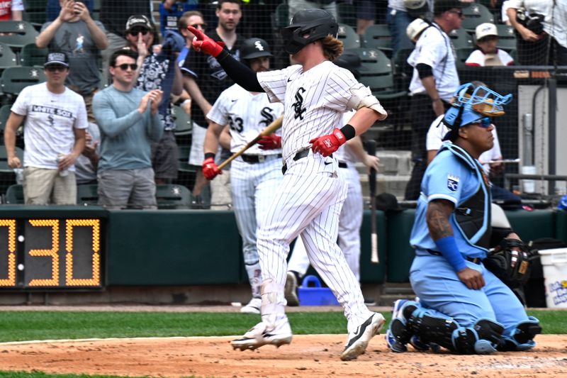 Jun 7, 2025; Chicago, Illinois, USA;  Chicago White Sox shortstop Chase Meidroth (10) points after hitting a home run against the Kansas City Royals during the third inning  at Rate Field. Mandatory Credit: Matt Marton-Imagn Images