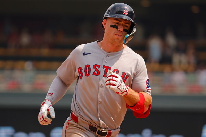 Jul 30, 2025; Minneapolis, Minnesota, USA; Boston Red Sox first baseman Romy Gonzalez (23) runs the bases on his three run home run against the Minnesota Twins in the ninth inning at Target Field. Mandatory Credit: Bruce Kluckhohn-Imagn Images