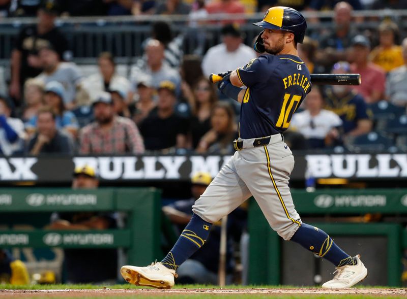 Sep 24, 2024; Pittsburgh, Pennsylvania, USA; Milwaukee Brewers right fielder Sal Frelick (10) hits an RBI double against the Pittsburgh Pirates during the second inning at PNC Park. Mandatory Credit: Charles LeClaire-Imagn Images