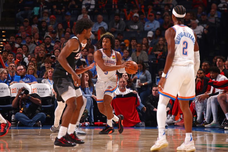 OKLAHOMA CITY, OK - NOVEMBER 20: Dillon Jones #3 of the Oklahoma City Thunder looks to pass the ball during the game against the Portland Trail Blazers on November 20, 2024 at Paycom Center in Oklahoma City, Oklahoma. NOTE TO USER: User expressly acknowledges and agrees that, by downloading and or using this photograph, User is consenting to the terms and conditions of the Getty Images License Agreement. Mandatory Copyright Notice: Copyright 2024 NBAE (Photo by Zach Beeker/NBAE via Getty Images)