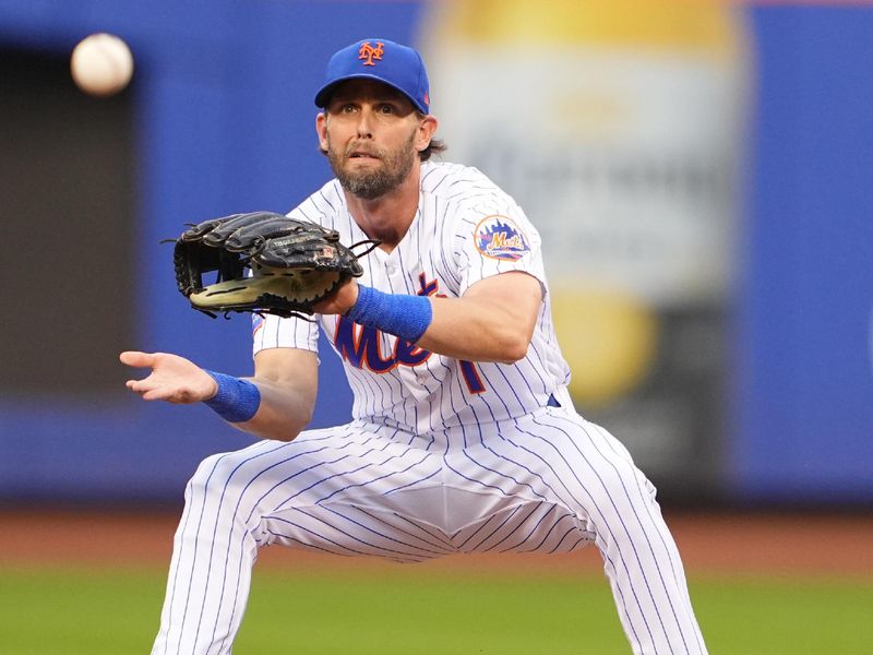 Aug 30, 2023; New York City, New York, USA;  New York Mets second baseman Jeff McNeil (1) catches a throw to record an out against the Texas Rangers  during the first inning at Citi Field. Mandatory Credit: Gregory Fisher-USA TODAY Sports